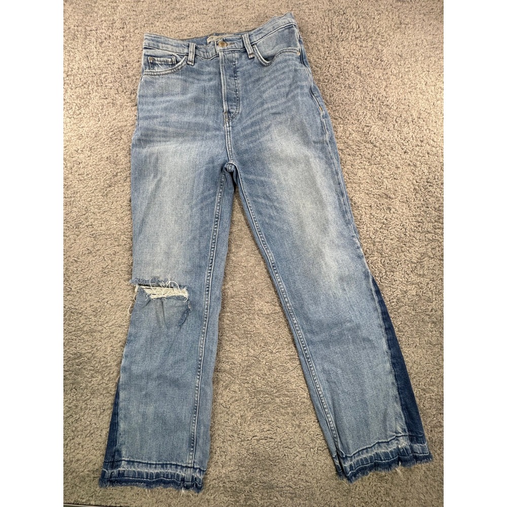 Hudson Faye HRM High Rise Straight‎ Leg Two-Tone Distressed Jeans Light Wash 28